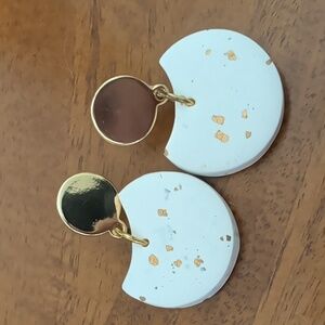 Noonday handmade polymer clay dangle earrings with gold-plated brass discs and g